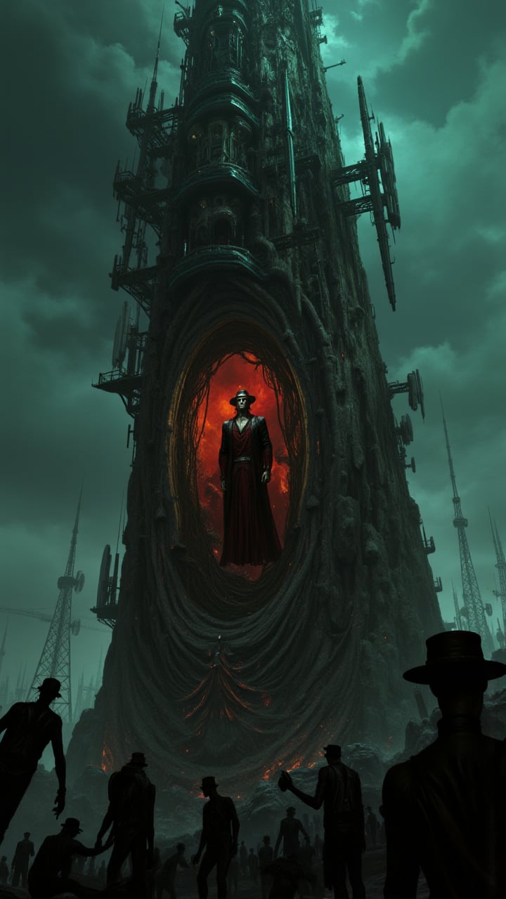 art by Richard Dadd, dark Photograph, As the towering structure of a Telecommunications Tower rises up, a figure palazzo pantsed in a traditional black and red palazzo pants and tie stands inside. The figure is surrounded by a group of humanoid figures, Nikon d3300, 50mm, aidmaDarkfantasy