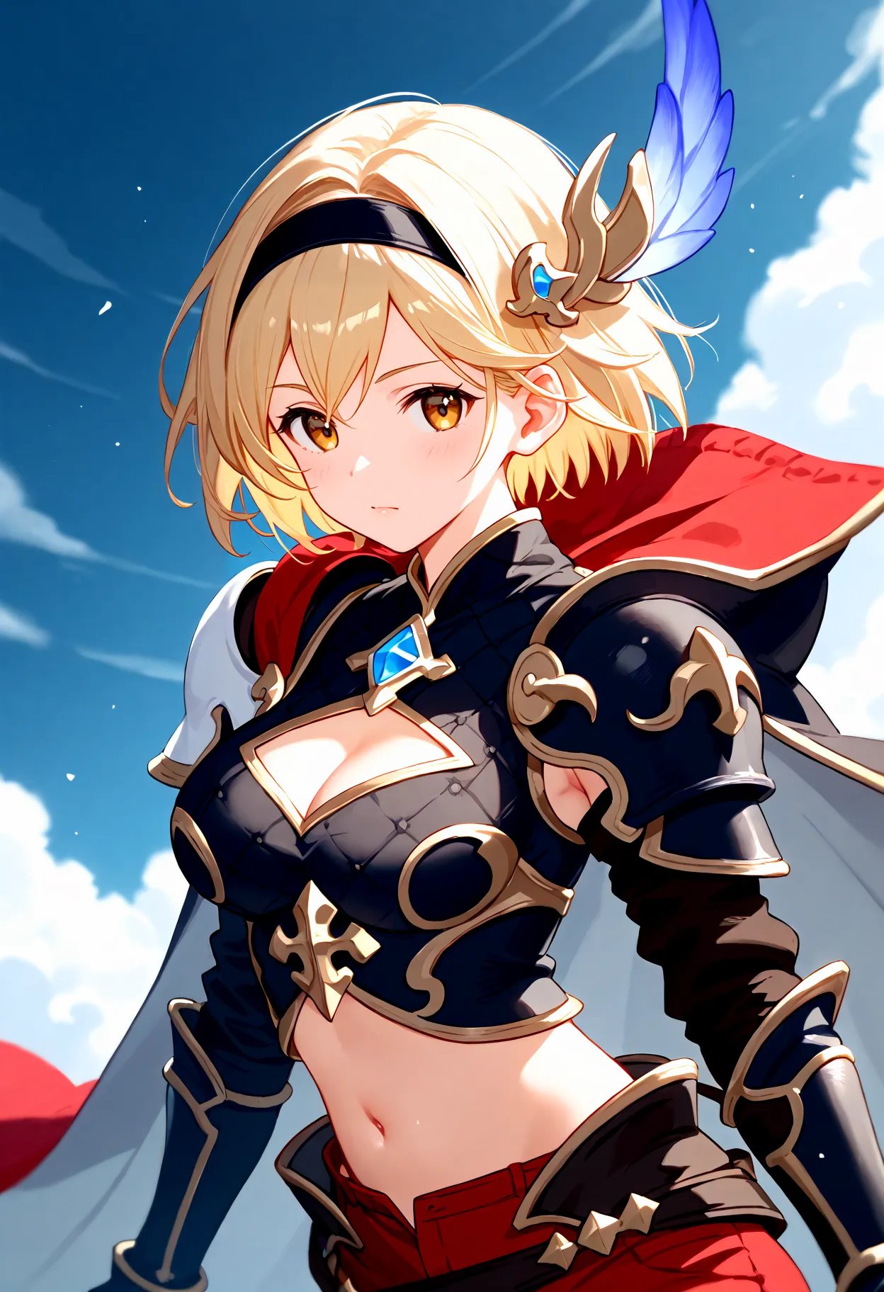 score_9, score_8_up, score_7_up, BREAK, best quality, masterpiece, very aesthetic, ultra detailed,very detailed background,BREAK,zPDXL3,Djeeta_COE,short hair, blonde hair, hair ornament, navel, yellow eyes, hairband, black gloves, elbow gloves, midriff, cape, armor, red shorts,armor,cleavage, brown eyes, midriff, belt, clothing cutout, cleavage cutout, shoulder armor, gauntlets,<lora:Djeeta-ponyXL:1>