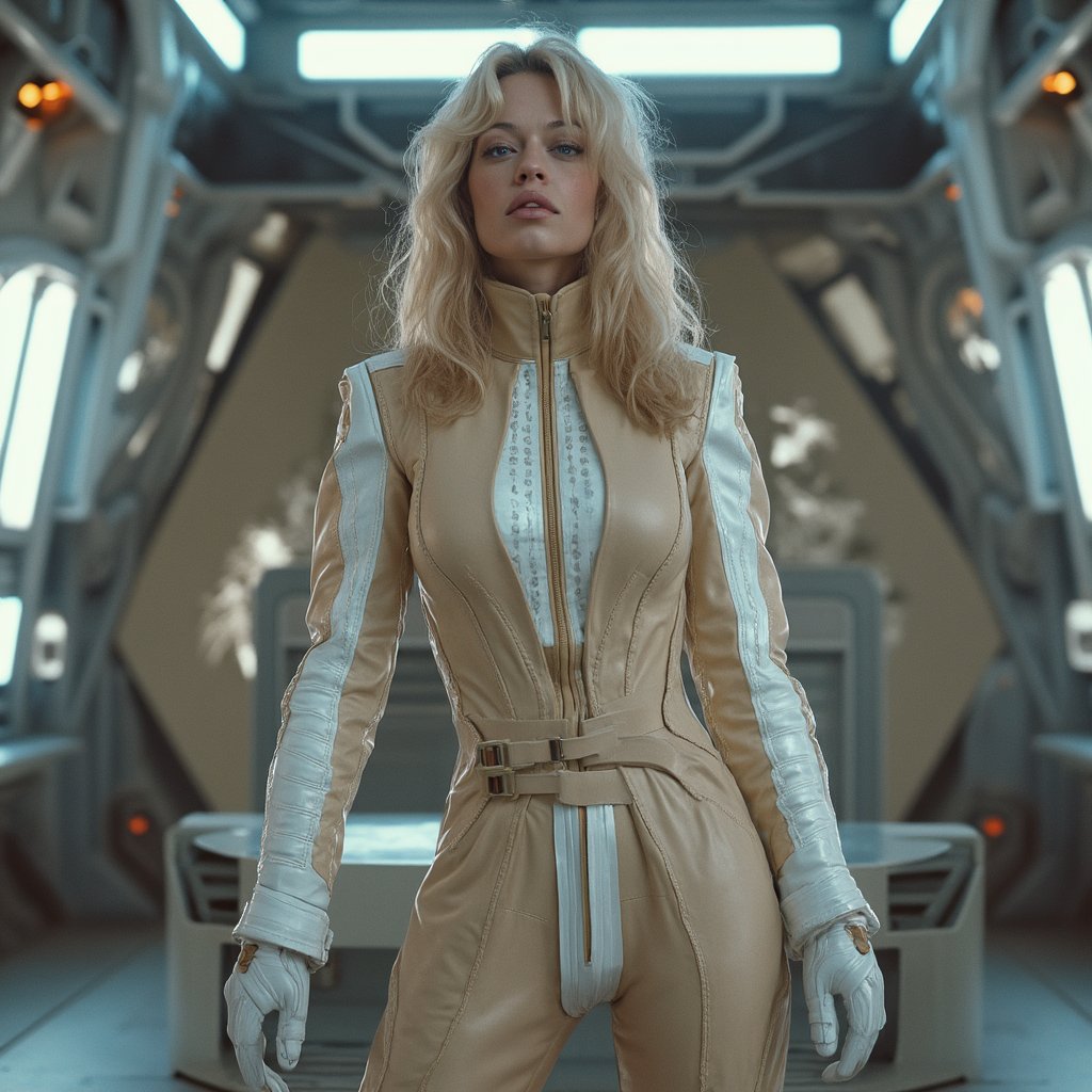 jrryn, cinematic, dramatic lighting, front facing view,  full body shot, a beautiful woman wearing a beige space cadet uniform, wearing military boots,  a very formal futuristic space jacket,  platinum hair, possing in a very confident way in a space port in space station, ultra detailed, ultra realistic, ultra detailed colors, 8k, real photography <lora:jeri-ryan:1.2>