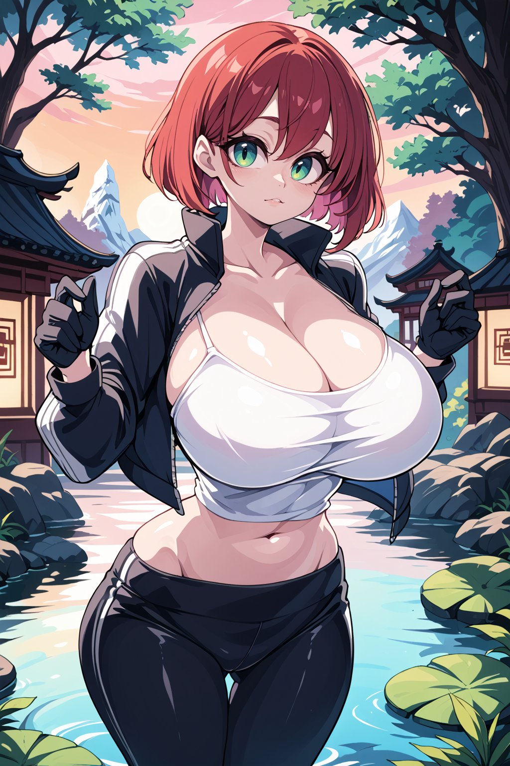 zPDXL, zPDXL2, zPDXL3, source_anime,  <lora:[Artist] Bongf_Geekpower [PDXL]:1>BREAK1girl, skinny, curvy, toned, <lora:[Body] Oppai_psoft [PDXL]:0.4> breasts, large breasts, (huge breasts:1.5), narrow waist, wide hips, thick thighs, long legs, skindentation,BREAKsmile, outdoors, pond, tree, east asian architecture, sunset, looking at viewer, blush, short hair, shirt, gloves, navel, cleavage, green eyes, black clothes, jacket, white shirt, red hair, black gloves, pants,