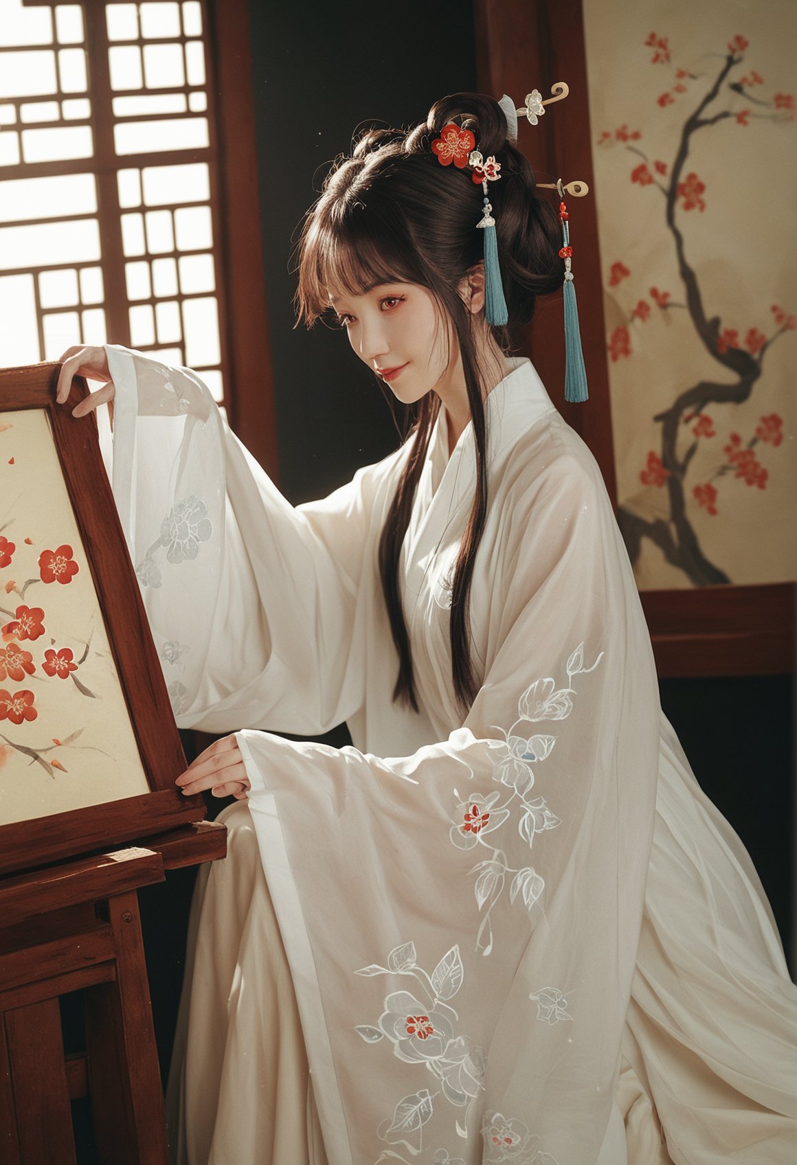 score_9,score_8_up,score_7_up,score_6_up,score_5_up,score_4_up,hanfu,wide sleeves,long sleeves,sleeves past fingers,see-through,hair stick,hair ornament,In a tranquil Chinese study,a girl in a white Hanfu sits painting at an intricately carved rosewood desk,a gentle smile gracing her lips. Sunlight filters through the window lattices,casting soft patterns on her delicate robe and the art scroll she is creating. Her posture is poised and elegant,and beside her,a cute cat curls up leisurely,its eyes half-closed,seemingly basking in the peaceful ambiance of the study. Plum blossoms and the traditional scholar\'s \'Four Treasures,\' with the air infused with the scent of sandalwood,creating a scene of classical charm and warmth.,