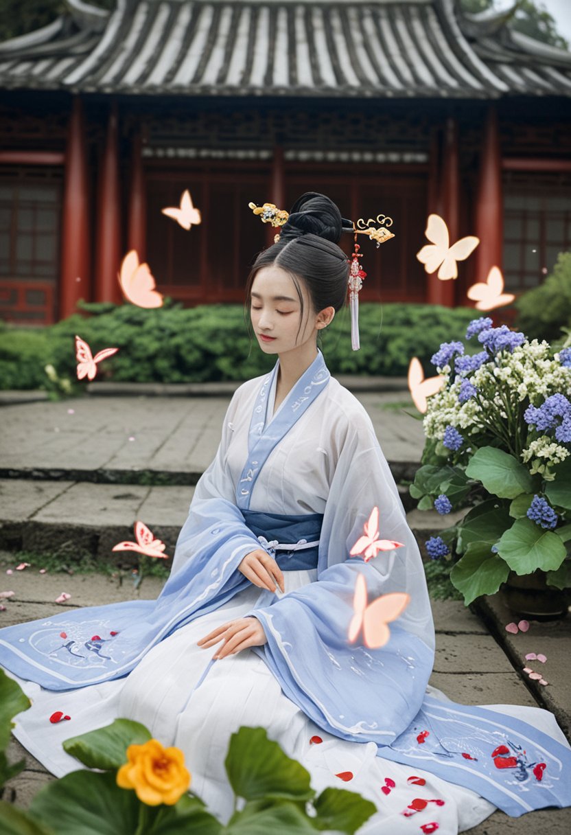 score_9,score_8_up,score_7_up,score_6_up,score_5_up,score_4_up,hanfu,wide sleeves,long sleeves,sleeves past fingers,see-through,hair stick,hair ornament,  In a dreamlike garden akin to another world, a stunningly beautiful Chinese girl in pure white Hanfu dances gracefully amidst the fragrance-filled flora. Her Hanfu billows in the wind, as delicate as flower petals. The silk fan in her hands gently sways, attracting butterflies and bees to dance around her, making her seem like a goddess of the garden, in perfect harmony with the sea of flowers. Around the girl, blooms of every color vie to open, and she sits quietly in a pavilion, eyes closed, breathing in the gifts of nature. Her heart is enraptured by this piece of heaven and earth of her own creation