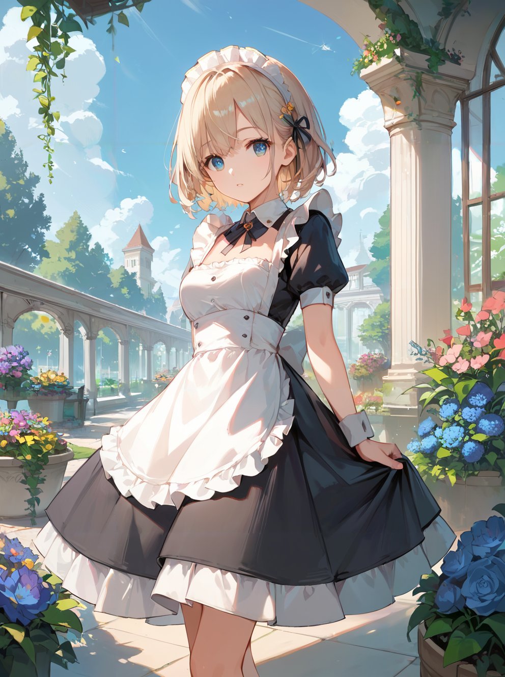 score_9, score_8_up, score_7_up,source_anime, high res image,masterpiece,best quality,girl,cute face,clear skin,shiny hair,ultra detailed eyes,maid dress,sky,garden,flowers