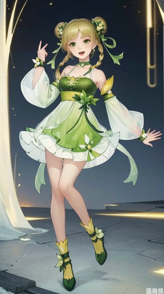 huaying, 1girl, green eyes, solo, braid, dress, twin braids, open mouth, green dress, full body, blonde hair, smile, detached sleeves, green ribbon, green footwear, choker, green theme, hair ornament, green bow, bangs, looking at viewer, green choker, bare shoulders, hair bun, wrist cuffs, wide sleeves, double bun, bare legs, bug, hair flower, hair rings, outdoors, socks, yellow socks, standing on one leg, collarbone <lora:huaying-10:0.8>