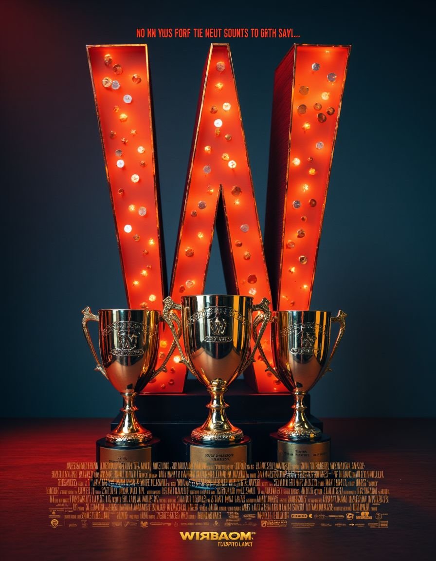 <lora:EpicMoviePoster-000015:1>, mvpstr, a movie poster featuring title text "TEXT-TACULAR" The main character is the letter W, "W stands for WINNING", trophies