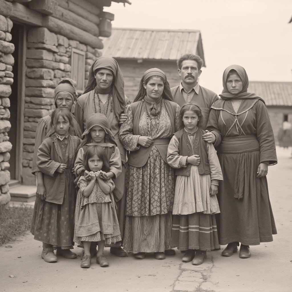 old black and white picture depicting gipsy family in a village