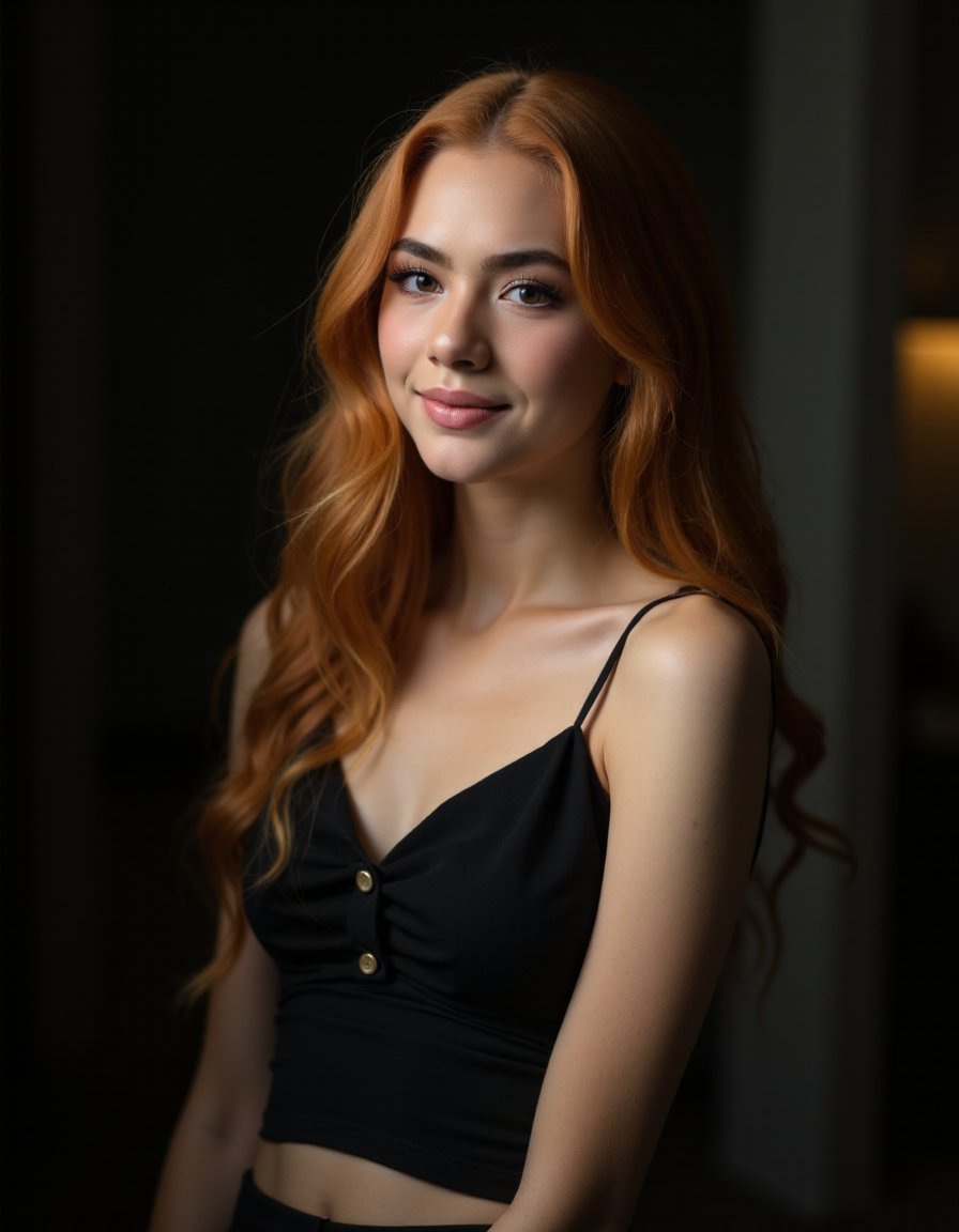 The photo depicts a ginger 18yo girl beautiful. The background is dark with low light. The girl is wearing a crop top (maximum ultra high definition image quality and rendering:3),  (((ultra realist style))), realist side lighting, , 8K high definition,  realist soft lighting, (amazing special effect:3.5).  <lora:fluxeryshaemyra:1>