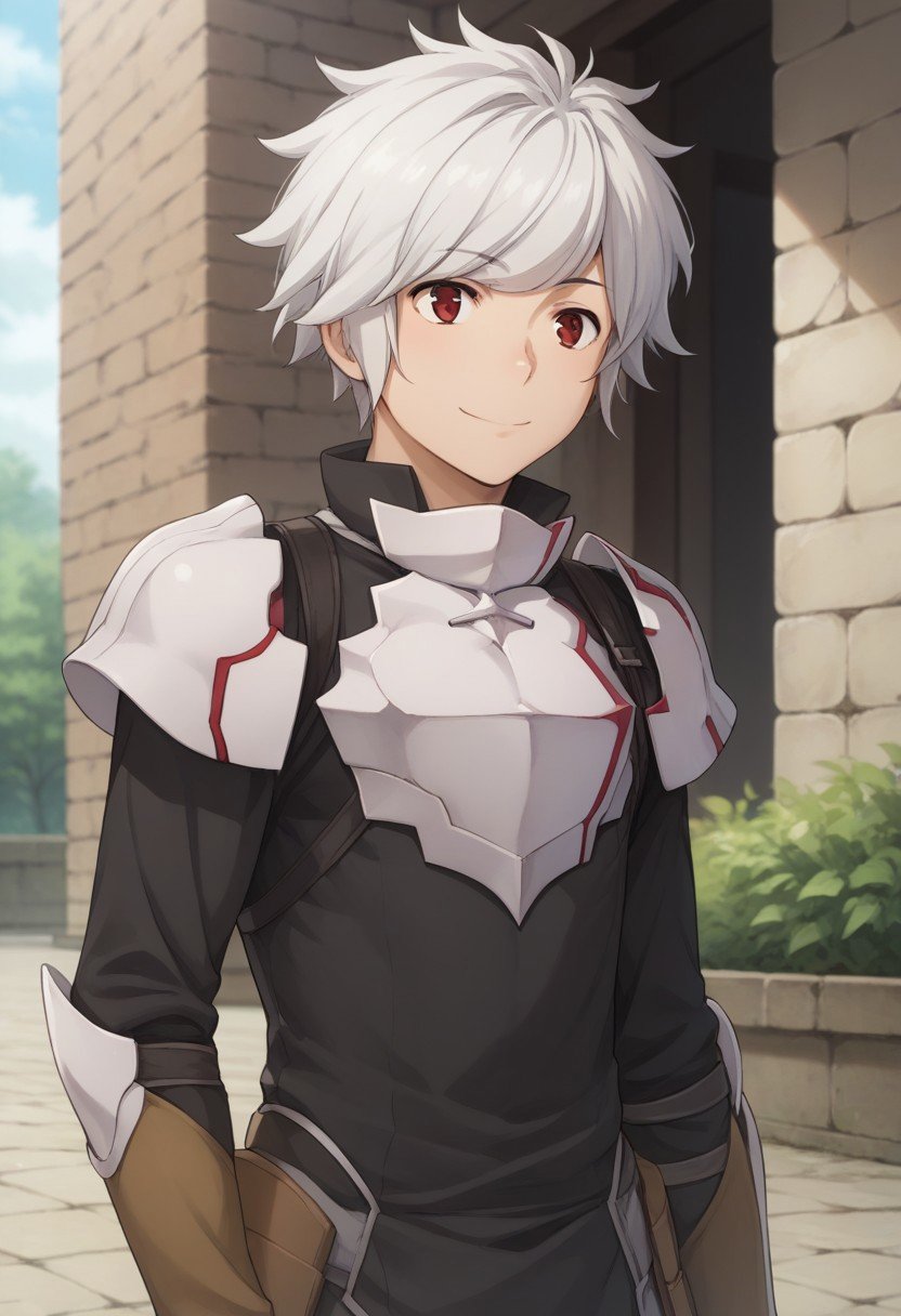 score_9, score_8_up, score_7_up, source_anime, highly detailed, belcranel,  1boy, male focus, solo, white hair, red eyes, armor, shoulder armor, brestplate, shirt, black shirt, gloves, brown gloves, upper body, smile,outdoor,