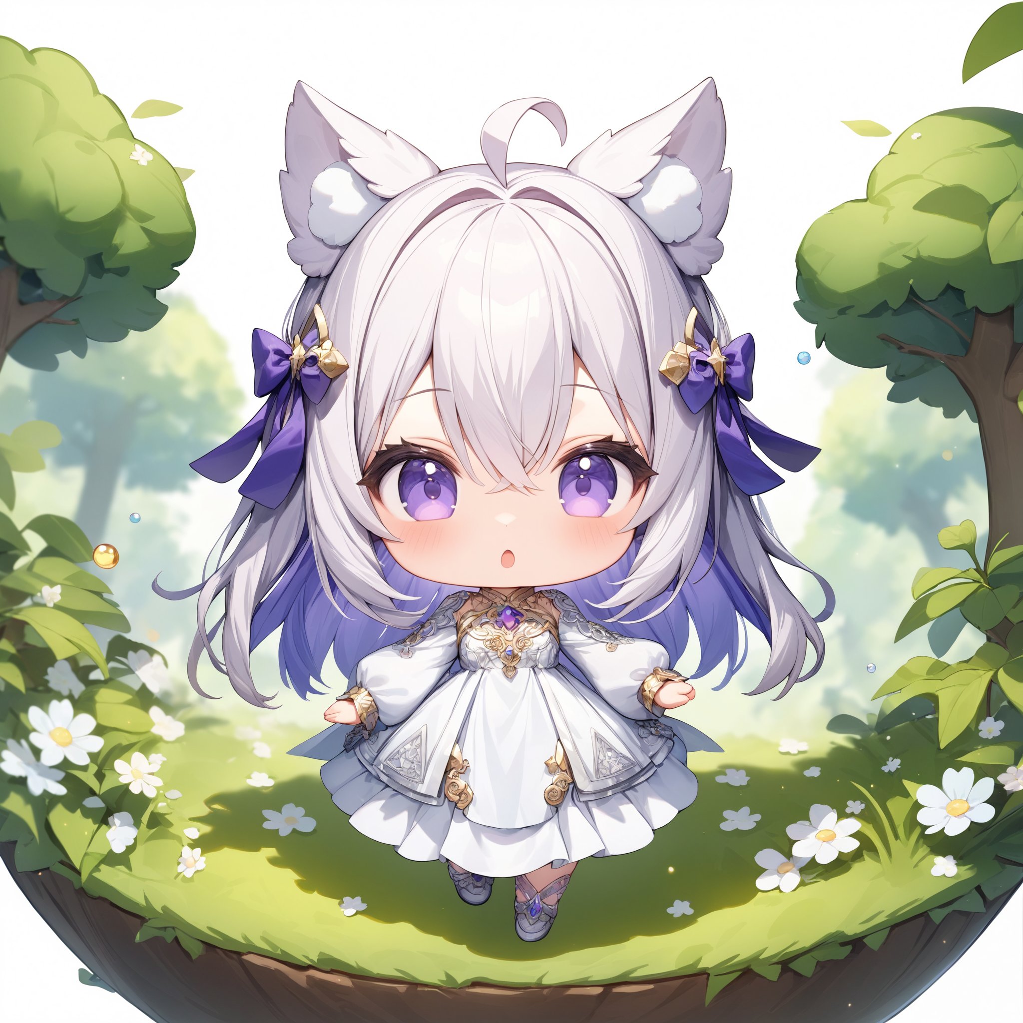 Full body shot. Cinematic angle. A very cute girl. Chibi. Neutral expression. :o. Cute pose. Looking at viewer. (Round face:1.2). Detailed dark-purple eyes. Long straight hair. Hair ribbon. (Shine silver hair). (Shine silver inner hair).(Ahoge:1.05). Shine silvercat ears. Hair between eyes. Detailed body. Small breasts. White chiffon maxi dress. Long sleeves. Ruffled long sleeves. No background. (White background:1.1). Green forest. Cute style. Deformed. Miniature. Intricate details. Extremely detailed. Outstanding intricacies. (Masterpiece:1.2). (Best quality:1.2). (Absurdres absolutely resolution:1.4).