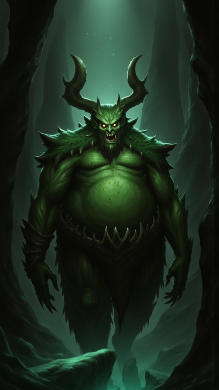 aidmaDarkfantasy, scene, character This is a highly detailed digital painting in a dark, fantasy style. The central figure is a monstrous, humanoid creature, likely a demon or ogre, standing in a misty, shadowy environment. The creature is massive, with a stout, muscular body covered in rough, scaly green skin. Its face is grotesque, featuring a wide, toothy mouth, and two curved, horn-like protrusions atop its head.