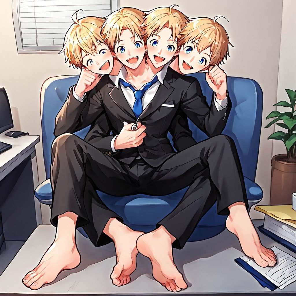 Two heads,HD,8K,happy,strong male,((Two heads attached to one body male)), anime,hansome,office, Caucasian,Happy,gay, (((multiple legs))),toes, blue eyes ,stand up,Suit