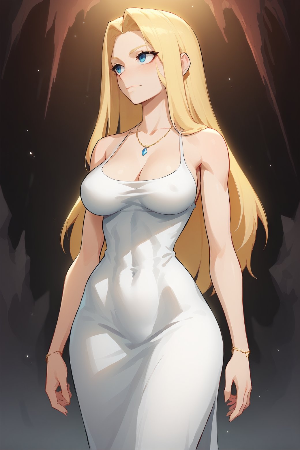 score_9, score_8_up, score_7_up 1girl, 1ly4, hourglass body shape, sexy pose, dress, large breasts, cave, mysterious darkness, stalactite formations, hidden, blonde hair, long hair <lora:hourglassv2_pony:1> <lora:1ly4XLP:1>