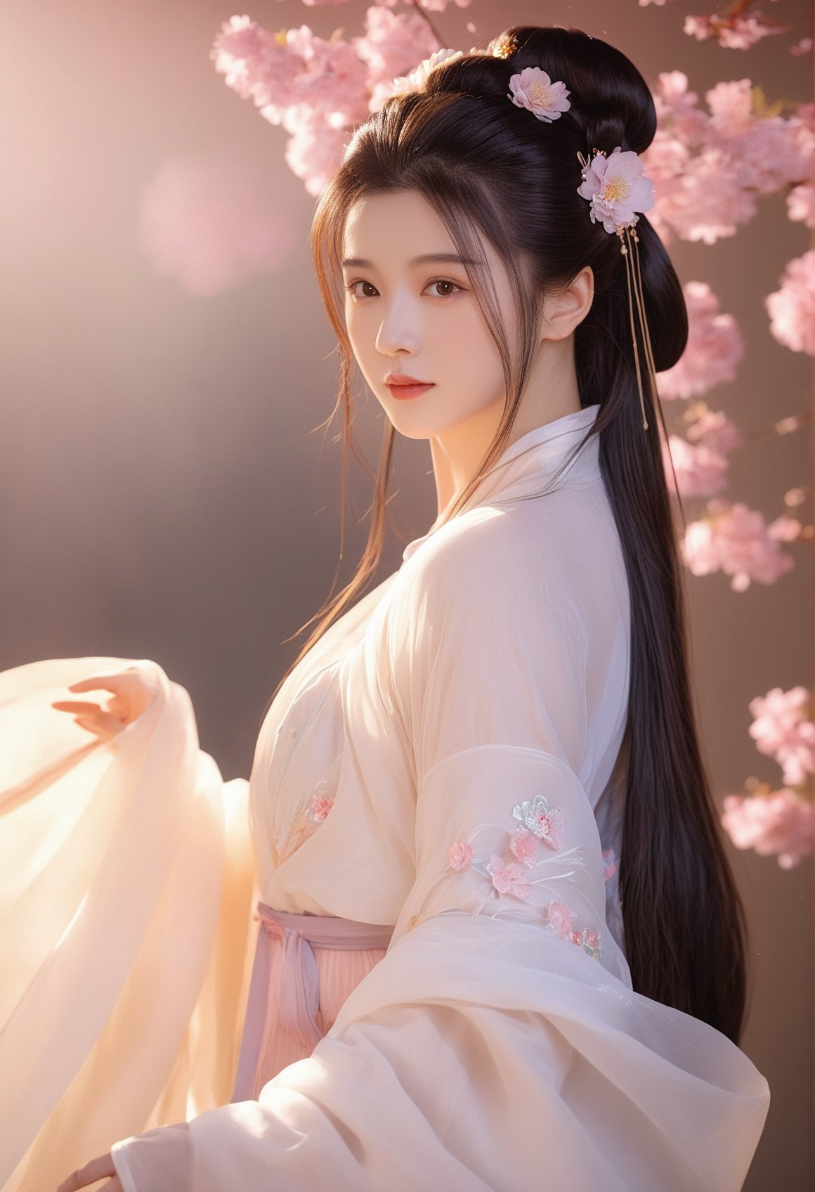 hanfu,1girl, long hair, solo, hair ornament, realistic, flower, upper body, hair flower, black hair, brown hair, dress, looking at viewer, chinese clothes, light, from side, long sleeves, hair bun, closed mouth, white dress, shawl, masterpiece,best quality,high-resolution image,High quality,Superb lighting,Highly detailed,Sharp focus,8K UHD,