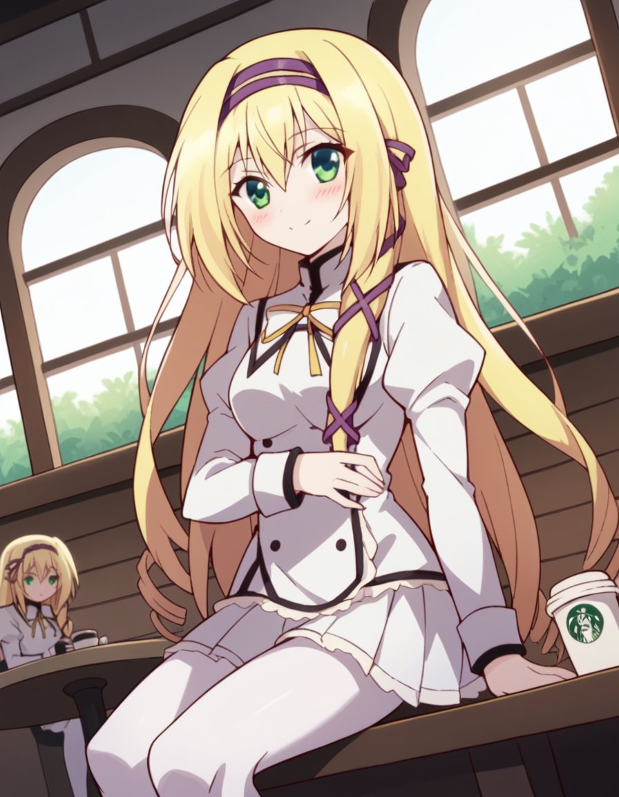 score_9, score_8_up, score_7_up, source_anime, <lora:rinslet-laurenfrost-s1-ponyxl-lora-nochekaiser:1>, rinslet laurenfrost, long hair, blonde hair, very long hair, green eyes, hairband, drill hair, medium breasts, skirt, pantyhose, white pantyhose, uniformm, military, military uniform, white skirt, pleated skirt, white uniform, ribbon, yellow ribbon,, cafe, coffee cup, barista, sitting down, talking, relaxing, sunlight through window, smile, looking at viewer, hand on stomach, blush,, solo,, cowboy shot, dutch angle