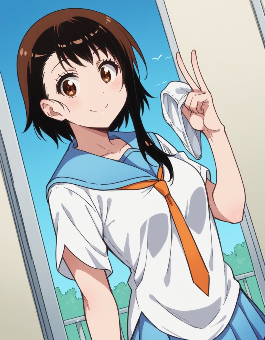 score_9, score_8_up, score_7_up, source_anime, <lora:kosaki-onodera-s2-ponyxl-lora-nochekaiser:1>, kosaki onodera, short hair, bangs, brown hair, brown eyes, short hair with long locks, asymmetrical hair, medium breasts,, skirt, shirt, thighhighs, school uniform, collarbone, white shirt, pleated skirt, necktie, serafuku, sailor collar, blue skirt, blue sailor collar, orange necktie,, laundry day, clothesline, drying clothes, domestic life, fresh air, blue sky, smile, looking at viewer, v,, solo,, cowboy shot, dutch angle