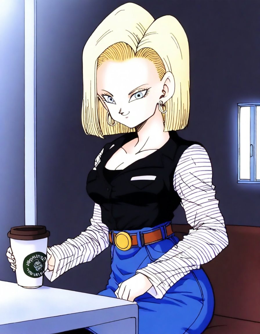 score_9, score_8_up, score_7_up, source_anime, <lora:android-18-anime-illustrious-lora-nochekaiser:1>, android 18, blonde hair, blue eyes, eyelashes, hoop earrings, short hair, earrings, medium breasts,, belt, black legwear, black shirt, breast pocket, cleavage, collarbone, denim, denim skirt, high-waist skirt, jewelry, long sleeves, pocket, shirt, shirt tucked in, skirt, striped, striped sleeves, waistcoat,, cafe, coffee cup, barista, sitting down, talking, relaxing, sunlight through window, , looking at viewer, smile, solo,, cowboy shot, dutch angle