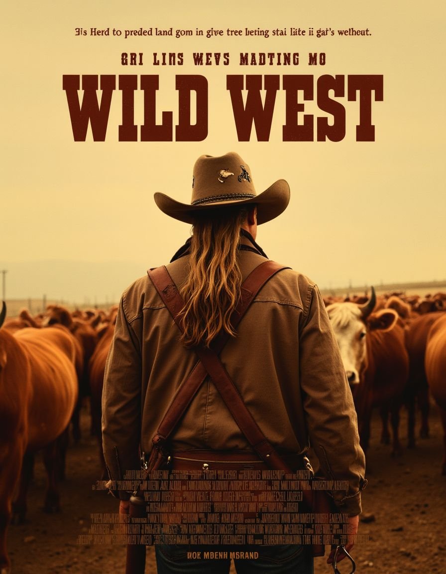 <lora:EpicMoviePoster-000015:1>, mvpstr, an western movie poster featuring title text "WILD WEST", a badass cowboy with a torn cowboy hat and a long beart, overseeing a horde of cows, midwest drama,