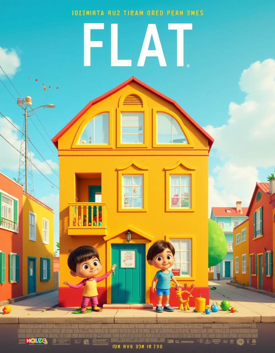 <lora:EpicMoviePoster-000015:1>, mvpstr, a vibrant friendly 2D movie poster featuring title text "FLAT" The main characters are two kids playing in front of a FLAT HOUSE, 