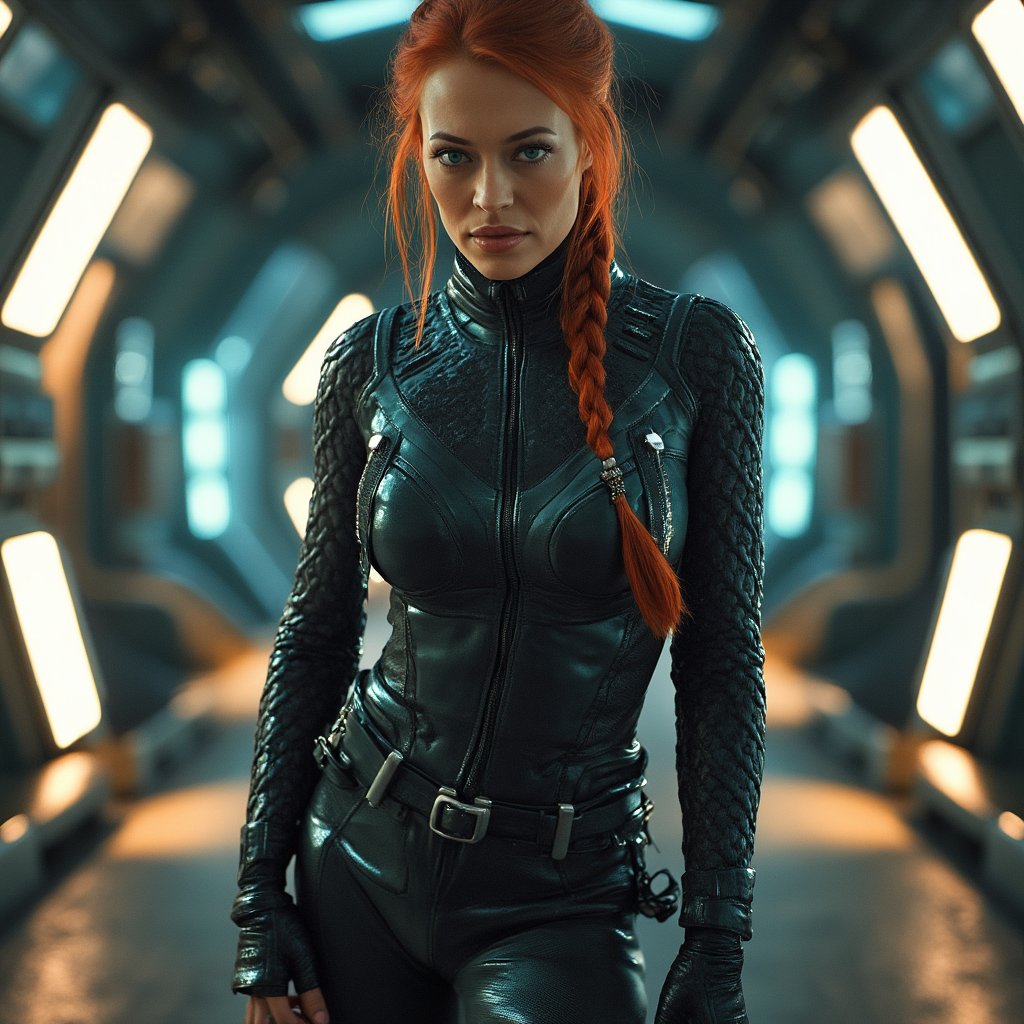 jrryn, cinematic, dramatic lighting, front facing view,  full body shot, a beautiful woman wearing a  space cadet dress suit uniform, wearing military boots,  a very formal futuristic space jacket,  red hair in a braid, possing in a very confident way in a space port in space station, ultra detailed, ultra realistic, ultra detailed colors, 8k, real photography <lora:jeri-ryan:1.2>