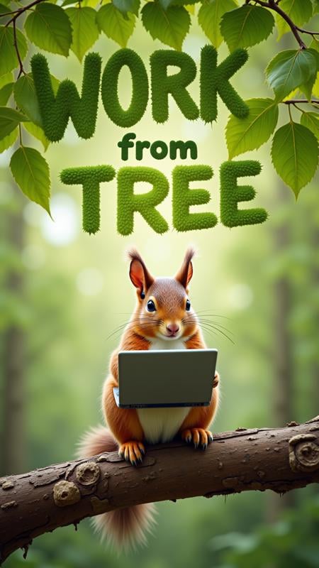 A playful meme-style image of a squirrel holding a miniature laptop, sitting on a tree branch. The leaves above form the words "Work From Tree" as the squirrel appears deep in concentration, typing away on the tiny keyboard.  ,aidmatextimprover