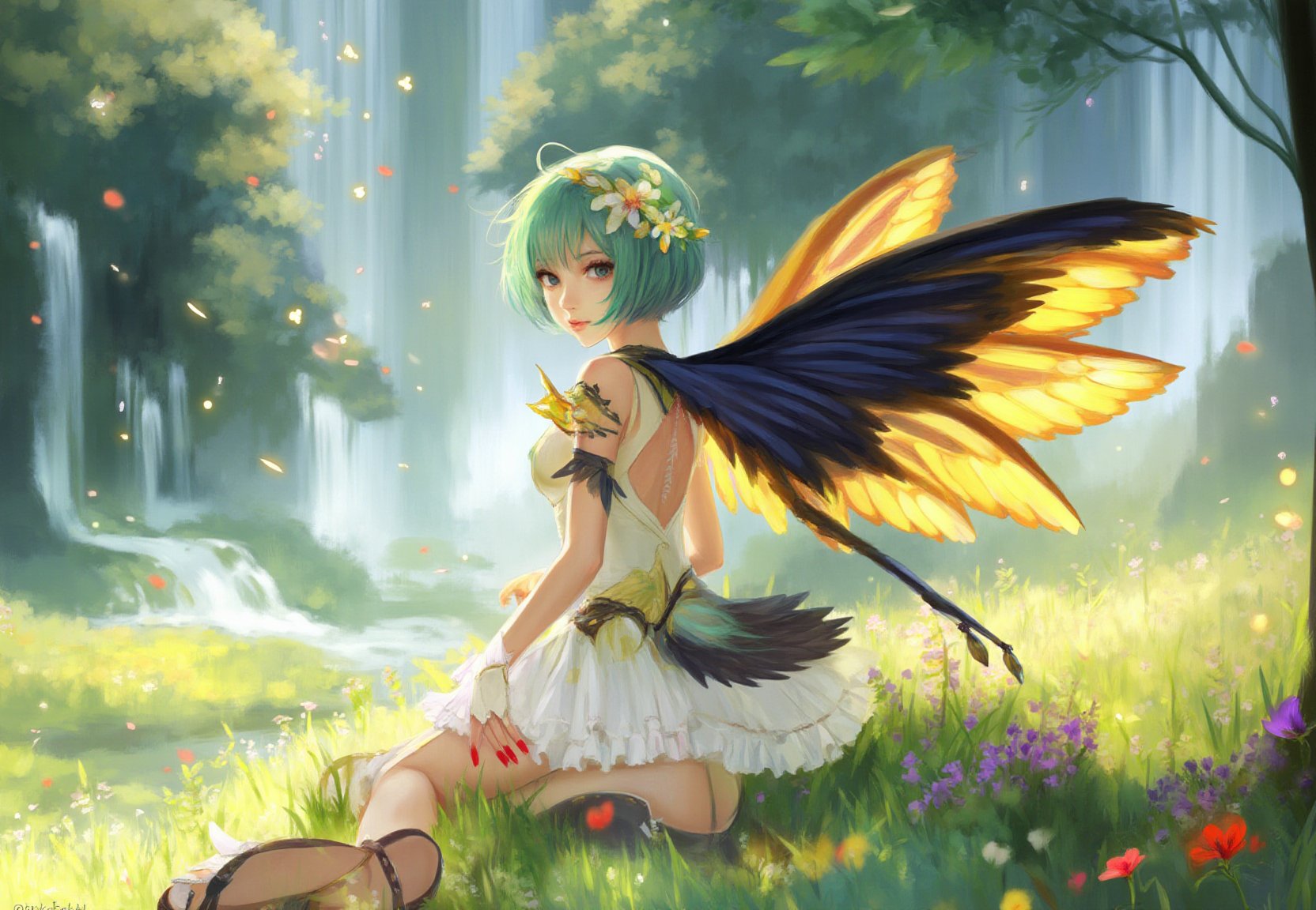 anime style picture,"manga style image: A airy fantasy angel-winged scandinavian woman with vibrant green hair styled in a bob cut, adorned with delicate flowers. Her large, colorful wings display shades of yellow, orange, and black, resembling those of a fairy wings. She wears a frilly, white and gold outfit that highlights her slender figure, with matching gloves and sandals. Her expressive eyes and graceful pose exude a sense of ethereal beauty. red nails, looked back,Background: Enchanted meadow filled with blooming wildflowers of various colors, with soft sunlight filtering through the trees. The air is filled with floating, glowing particles, giving the scene a magical, serene atmosphere. A gentle breeze causes the flowers and grass to sway, adding to the tranquil setting." waterfall in the background