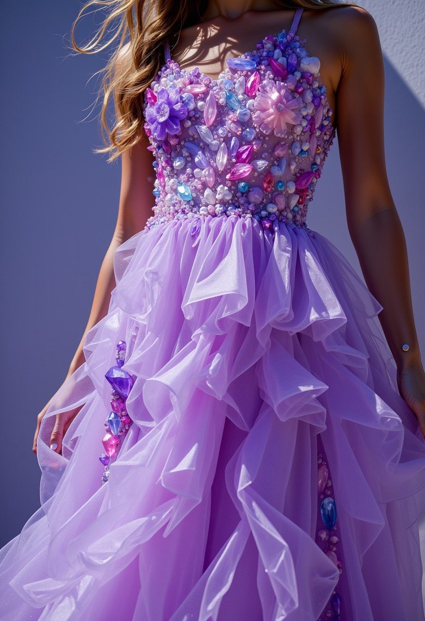 close up shot beautiful faceted transparent lavender color crystal dress which a woman wears with crystals looking out of the dress, cinematic photo,