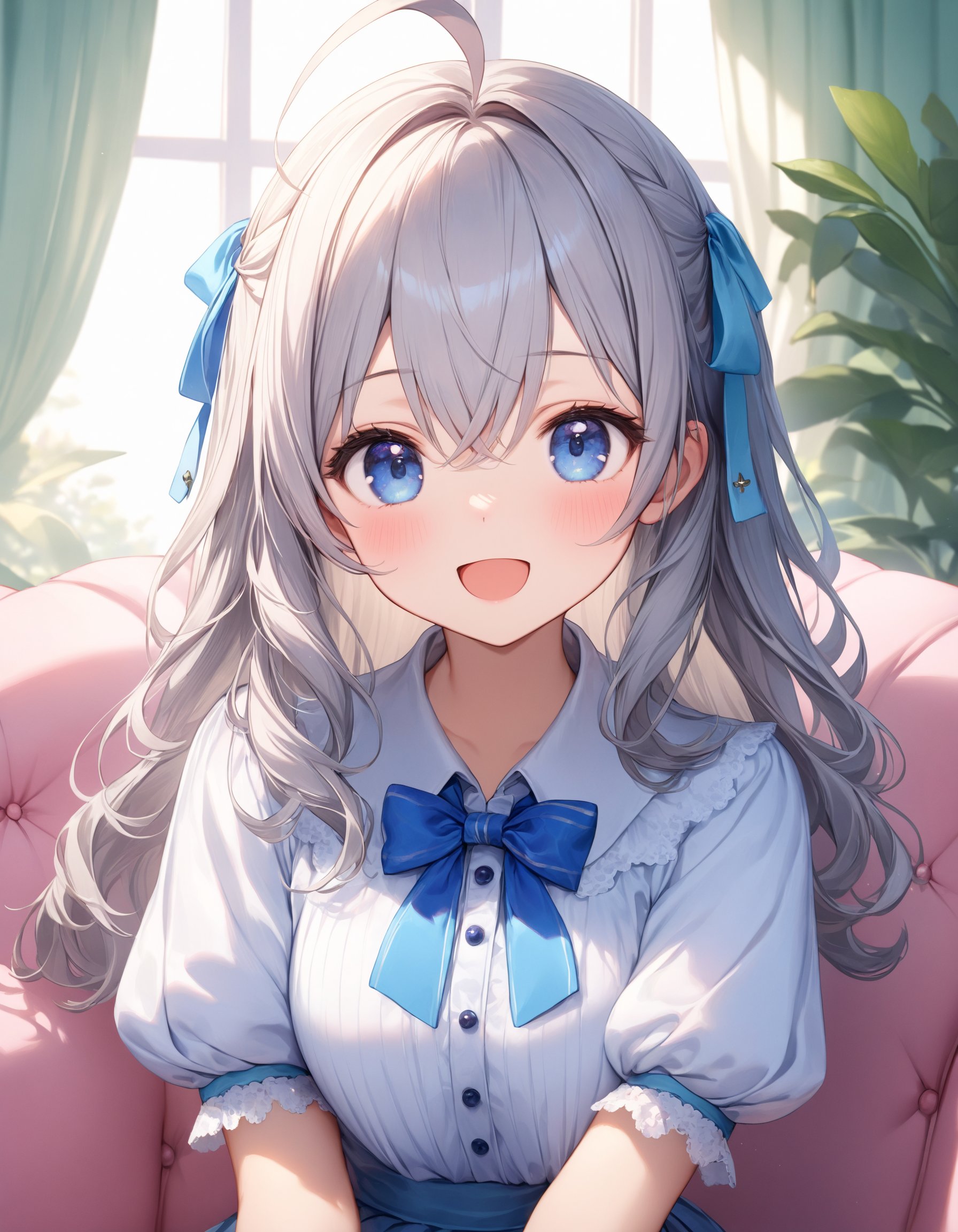 (Portrait:1.1). Upper body shot. Face focus. (Shooting from front:1.1). A cute girl. Solo. Happy expression. :D. Sitting. Head tilt. Looking at viewer. (Cute round face:1.1). Detailed dark-blue eyes. Tareme. Long wavy hair. Hair ribbon. (Gray hair). (Gray inner hair). Ahoge. Hair between eyes. Detailed slender body. Medium breasts. Collared blouse. White blouse. Bowtie. Short sleeves. Puffy sleeves, Pale saxe-blue skirt. Fashionable cute living room. Decorative plants. Pastel pink sofa. Pastel cute curtains. Pastel cute wallpaper. Daytime. (Natural lighting:1.4). Cute style. Intricate details. Extremely detailed. Outstanding intricacies. (Masterpiece:1.2). (Best quality:1.2). (Absurdres absolutely resolution:1.4).