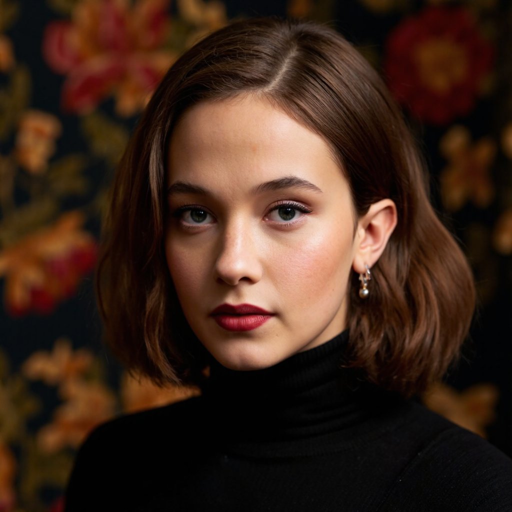 A detailed portrait of cailee_spaeny with a striking appearance. She has a bob haircut with a fringe, and her striking green eyes are accentuated by long eyelashes. Her lips are painted a bold red, and she wears a black turtleneck sweater. The background is a rich, dark brown with intricate floral patterns, creating a regal and luxurious ambiance. The image style resembles classical portraiture, emphasizing the interplay of light and shadow.