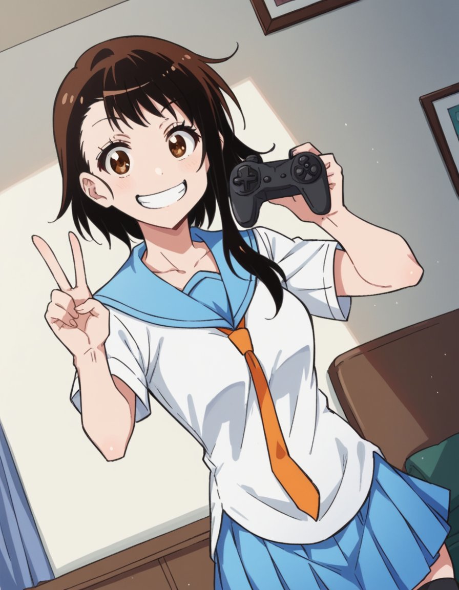 score_9, score_8_up, score_7_up, source_anime, <lora:kosaki-onodera-s2-ponyxl-lora-nochekaiser:1>, kosaki onodera, short hair, bangs, brown hair, brown eyes, short hair with long locks, asymmetrical hair, medium breasts,, skirt, shirt, thighhighs, school uniform, collarbone, white shirt, pleated skirt, necktie, serafuku, sailor collar, blue skirt, blue sailor collar, orange necktie,, living room, video game, controller, competitive, fun, afternoon, smile, , v, v over mouth, smug,, solo,, cowboy shot, dutch angle