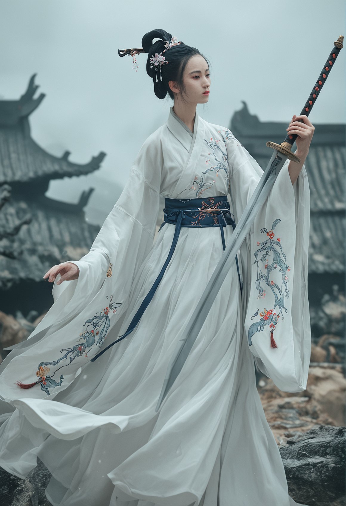 score_9,score_8_up,score_7_up,score_6_up,score_5_up,score_4_up,hanfu,wide sleeves,long sleeves,sleeves past fingers,see-through,hair stick,hair ornament,Amidst the desolate and ruined ancient battlefield of a celestial realm,a Chinese girl in pure white Hanfu stands alone in solitude. Her Hanfu,pure as snow,flutters gently with the sudden gusts of wind,creating a stark contrast with the surrounding dilapidation. Her raven-black,straight hair dances slowly with the wind. Scattered around her are fragments of weapons aged by time,shattered banners,and remnants of once formidable armor,all bearing witness to earth-shattering ancient battles. Withered spirit flowers are strewn across the battlefield,and broken stelae of magical formations are haphazardly dispersed,with faintly visible runes that have long since lost their former spiritual essence. She holds a sword in her hand,looking at the camera,showing a determined expression.,