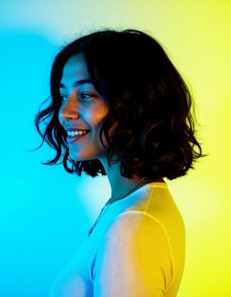 professional photography. Grain. This is a high-resolution photograph featuring a close-up profile of a young woman with medium-length, wavy black hair that frames her face. The lighting in the image creates a striking contrast between the cool, blue tones on the left side of her face and the warm, yellow tones on the right side. This gradient lighting enhances the texture of her hair, which appears voluminous and slightly tousled. Her skin tone is light, and she has a serene expression with closed eyes and a slight smile. She is wearing a simple, white ribbed knit top, which contrasts with the colorful background. The background itself is a smooth gradient transitioning from blue to yellow, adding a modern, artistic flair to the image. The overall composition and lighting give the photograph a dramatic and stylish feel, emphasizing the subject’s natural beauty and the interplay of light and shadow. The image captures a moment of calm and contemplation, with the woman's profile taking center stage in the frame.  <lora:Cory_Photo_LoRA:0.7>