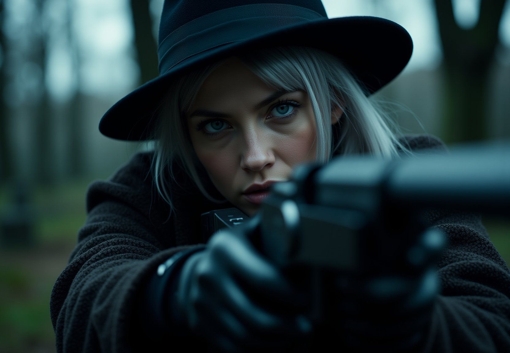 (cinematic),8k uhd, hdr,((photorealistic)) photo of Lady Marta as a sharpshooter, silver hair under her hat, in a dynamic rifle stance, holding rifle, long coat,metalic gloves, in a gothic, scary graveyard, face in sharp focus, detailed face, detailed eyes, perfect hands, dynamic pose, High Detail, Perfect Composition, dramatic dim lighting, high contrast,(4K UHD, Realistic, 8K Photo, HDR, Cinematic Shot, Dynamic Lighting, Technicolor, Panavision, Cinemascope, Sharp Focus, Fine Details, Realism, Realistic, Key Visual, Film Still, Cinematic Color Grading, Depth of Field, Professional Lighting, Taken with Canon EOS R5, 75mm Lens.)