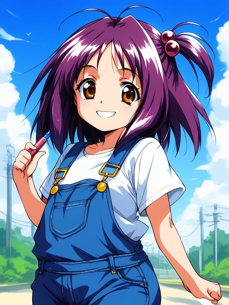 score_9, score_8_up, score_7_up, source_anime, rating_explicit, BREAK  <lora:Kotobuki_Miyuki_XL:0.8> Kotobuki_Miyuki, purple hair, brown eyes, short hair, short stack, 1girl, solo, overalls, hair ornament, hair bobbles, plaid, one side up, shirt, smile, outdoor, sky,