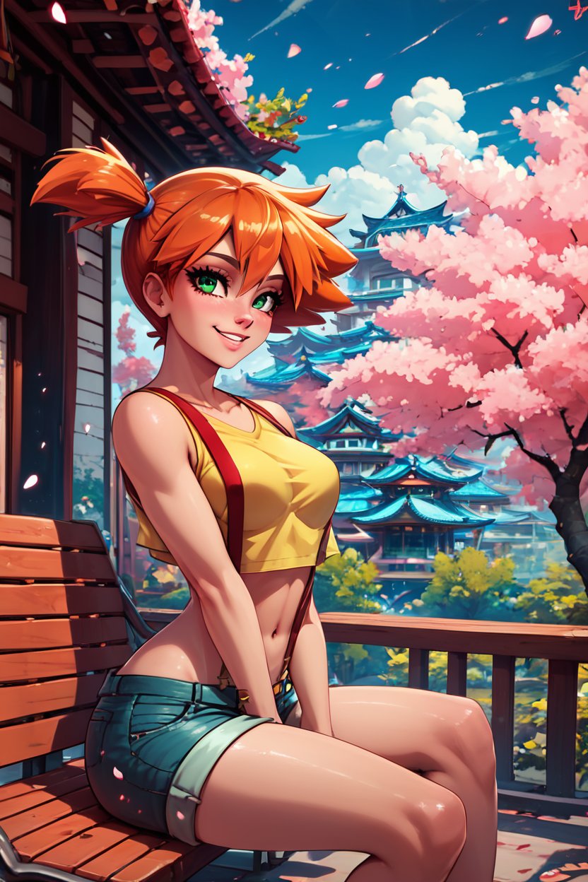 score_9, score_8_up, score_8, medium breasts, (curvy), cute, eyelashes,       BREAK, , zzMisty, green eyes, orange hair, short hair, side ponytail, shorts, suspenders, midriff, yellow crop top, navel, denim shorts, <lora:Misty_Pokemon_PDXL_v2:0.8>, , BREAK, sitting on bench, side view, smile, looking at viewer, cowboy shot,  BREAK, pnkBldng, sky, day, cloud, tree, blue sky, building, architecture, east asian architecture,  BREAK, embedding:zPDXL, Expressiveh,  <lora:PinkBuildingsPDXL_v2:0.6>,  <lora:SDXLFaeTastic2400:0.5>,  <lora:Expressive_H-000001:0.4>