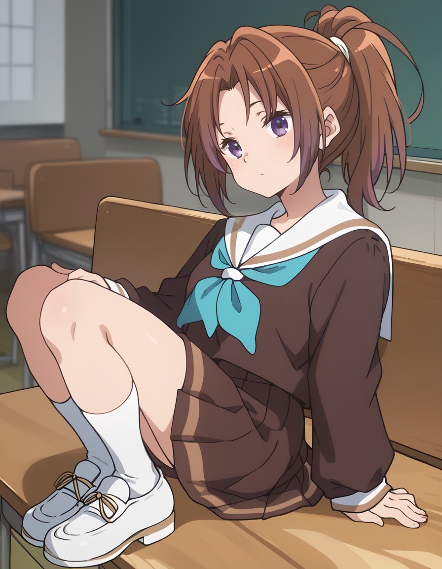 score_9, score_8_up, score_7_up, <lora:hibike!_euphonium_-_ natsuki_nakagawa:1>, nakagawa, long_hair, brown_hair, ponytail, purple_eyes, kitauji_high_school_uniform, long_sleeves, white_sailor_collar, brown_skirt, brown_shirt, blue_neckerchief, leaning_pose, head_tilt, hair_tucking, shoes