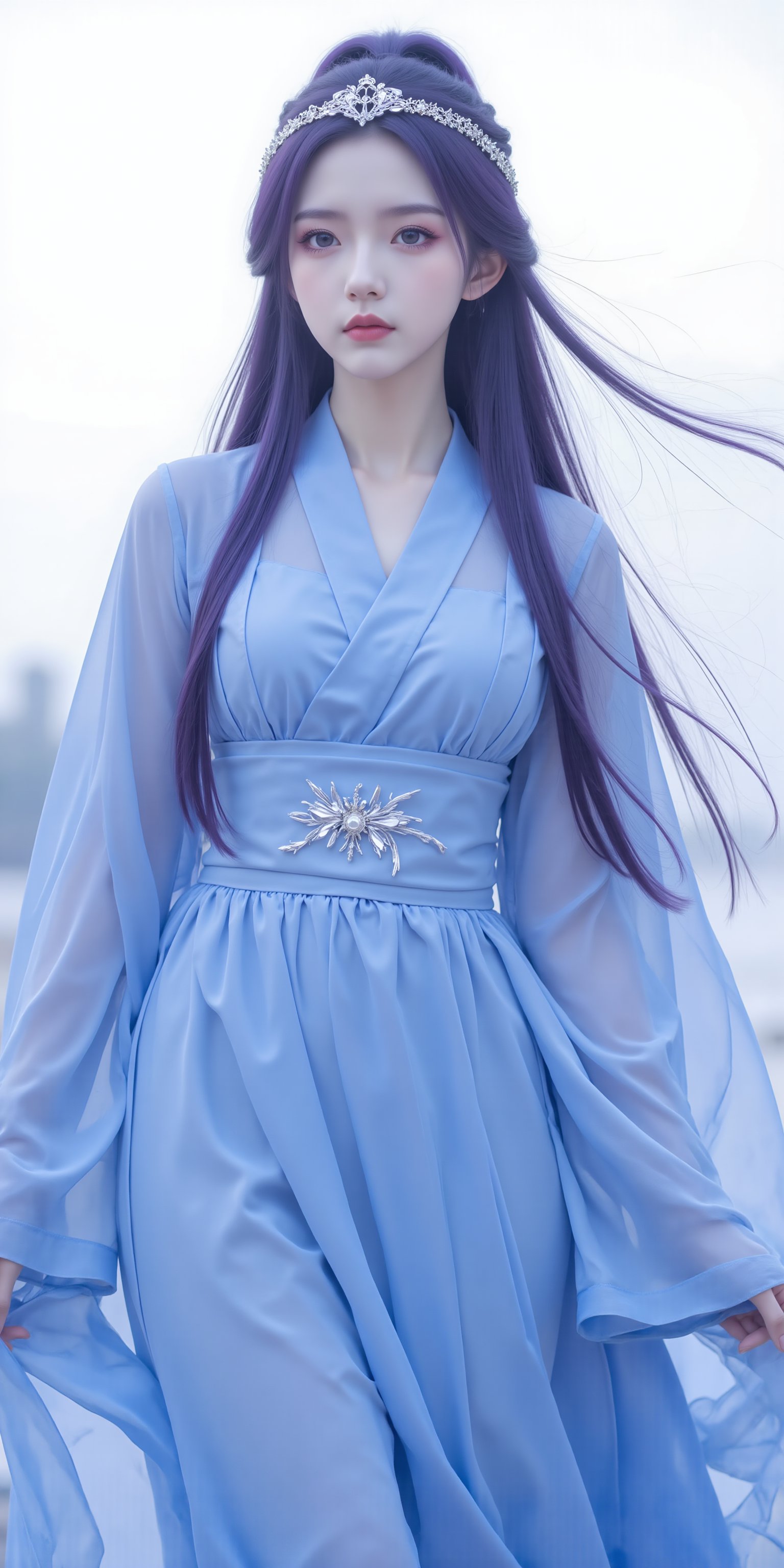 guofeng,1girl, purple hair,A woman is wearing a blue dress. The dress is flowing around her. The woman has long dark hair. There is a headpiece on the woman's head.<lora:天穹长老2.0:0.8>