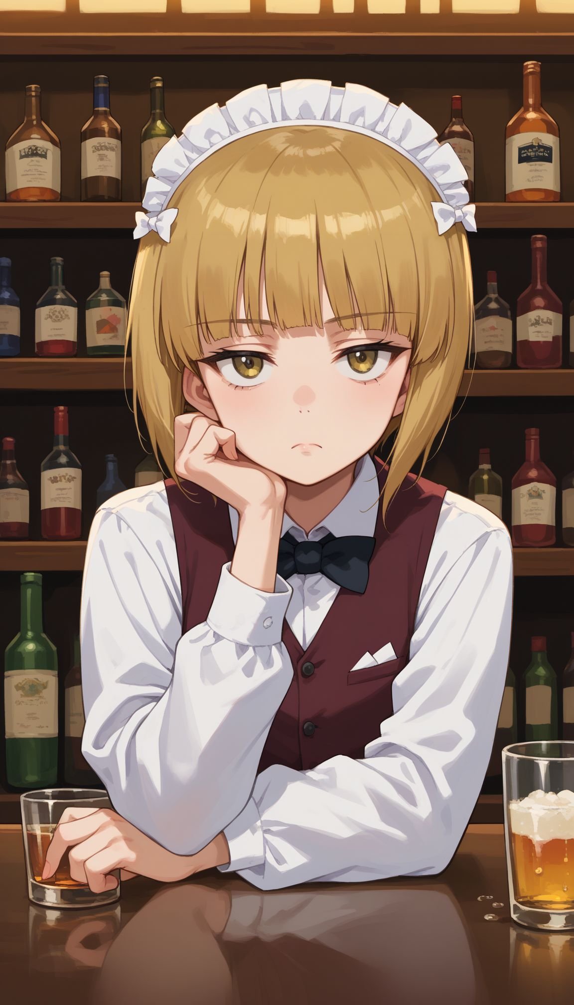 score_9, score_8_up, score_7_up, source_anime,Cutlass _Girls_und_panzer, 1girl, bartender, blonde hair, yellow eyes, short hair, maid headdress, bar (place), brown vest, bottle, long sleeves, head rest, drinking glass, white shirt, dress shirt, black bow, black bowtie, blunt bangs, cup, looking at viewer, wing collar, closed mouth, indoors, counter, upper body, alcohol, frown, sitting<lora:Cutlass:1>