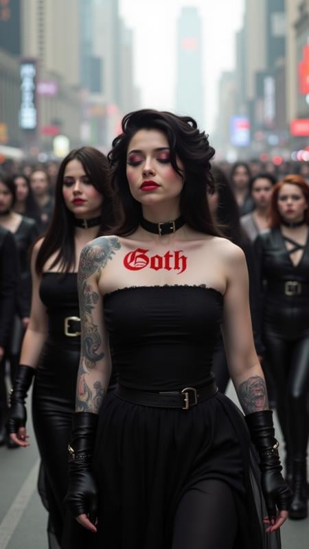 a group of goths dressed in their finest attire strut through a Voluminous Post-apocalyptic cityscape, their faces filled with excitement and determination. The girl, with her hair curled around them, is depicted as the goddess's face, while she wears a bright red tattoo that reads "Goth" in bold letters. Her skin is smooth and beautiful detailed, and her eyes are closed as she gazes out at the skyline. The scene is alive with energy and imagination.