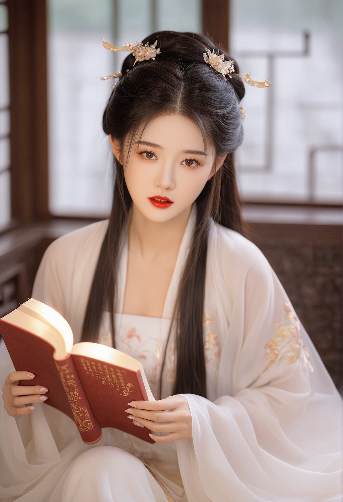 hanfu,1girl, realistic, solo, dress, hair ornament, white dress, black hair, holding, blurry background, parted lips, long hair, blurry, book, chinese clothes, red lips, long sleeves, jewelry, wide sleeves, holding book, teeth, lips, makeup, upper body, lipstick, brown hair, black eyes, brown eyes, masterpiece,best quality,high-resolution image,High quality,Superb lighting,Highly detailed,Sharp focus,8K UHD,