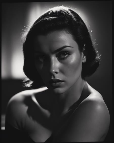 A dramatic noir scene ArsMovieStill, 50s Noir Movie Still, The image is a black and white portrait of a woman's face.raw_photo photograph film_still cinematic fashion_photo of a beautiful russian woman, flowing black hair, detailed skin_texture shot on film vibrant_colors neon_theme photo_grain 3600_iso cinestill BREAK, selective focus, moody, atmospheric,.. <lora:50s_Noir_Movie:0.3>