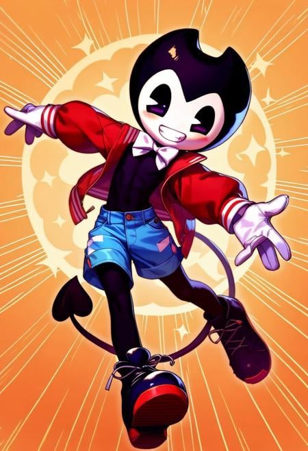 score_9, score_8_up, score_7_up ,score_9, score_8_up, score_7_up, source_cartoon,( Bendy dancing), small male, cute, smiling, showing teeth, white face, pie cut eyes, black skin, bowtie, oversized jacket, white glove, black shoe, shorts down, demon tail, thick thigh, thigh high, stage background, <lora:StS_detail_slider_v1:2>kawakami_rokkaku:0.5,<lora:Urushima:0.5>,