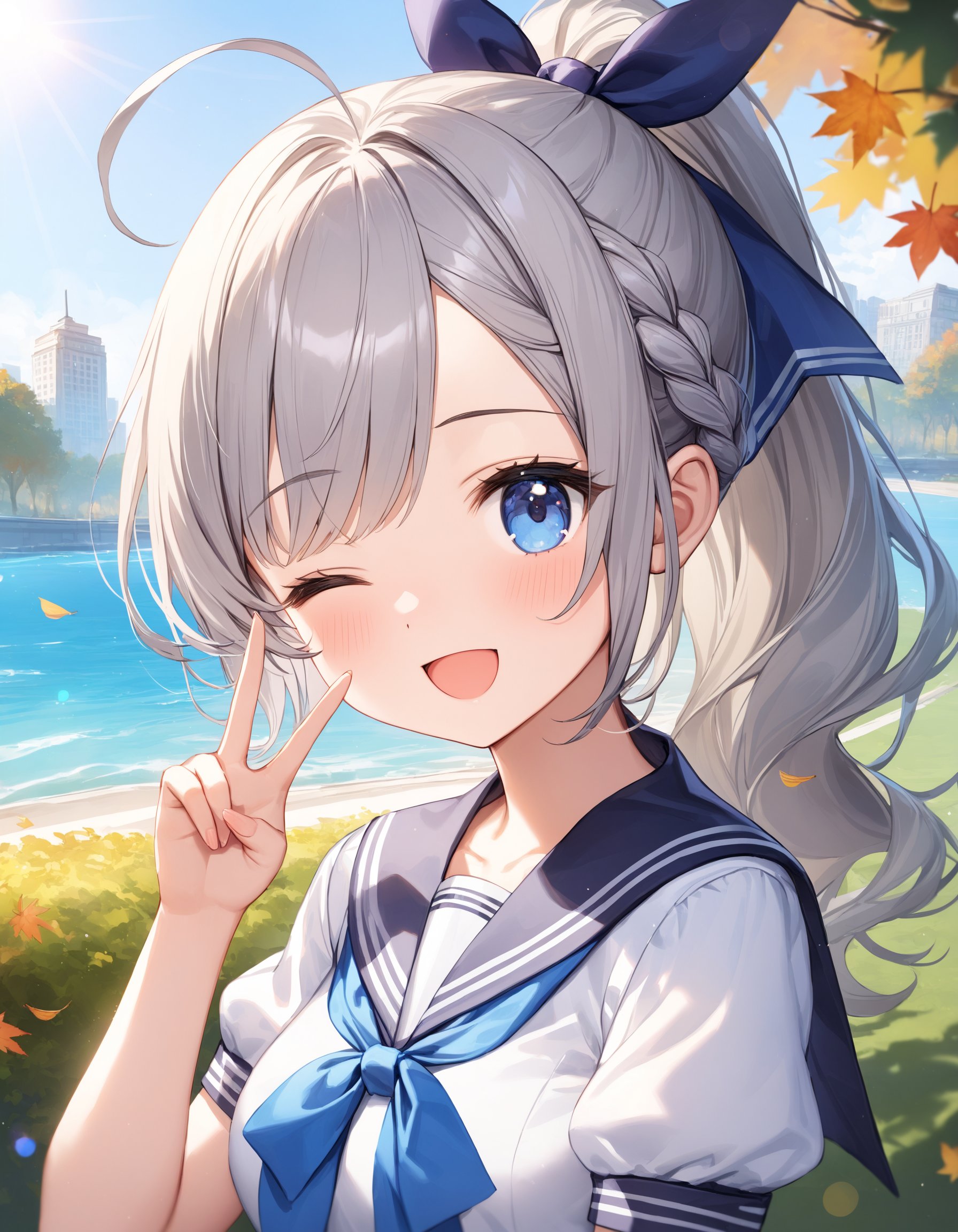 Portrait. Upper body shot. Face focus. Shooting from front. A cute girl. Solo. Happy expression. :D. (Peace sign:1.25). Put hand near by cheek. Looking at viewer. (Cute round face:1.1). Detailed dark-blue eyes. Tareme. One eye closed. Long wavy hair. (High ponytail:1.2). Hair ribbon. (Gray hair). (Gray inner hair). Side french braid. Ahoge. Asymmetrical bangs. Detailed slender body. Medium breasts. School uniform. White sailor shirt. Short sleeves. Puffy sleeves. Navy sailor collar. Saxe-blue Bowtie. Fashionable green park. Lush greenery. Ocean view. Blue sky. Lens flare. Autumn. Daytime. (Natural lighting:1.4). Cute style. Intricate details. Extremely detailed. Outstanding intricacies. (Masterpiece:1.2). (Best quality:1.2). (Absurdres absolutely resolution:1.4).