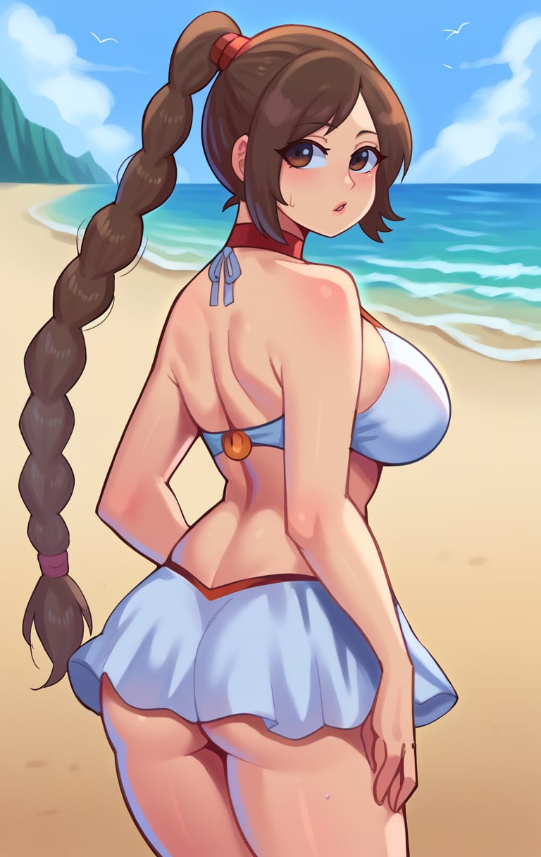 score_9,score_8_up,score_7_up pastel colors,highres BREAK <lora:tylee:1>,TyleeSDXL,1girl,solo,white skirt,large breasts,brown hair,navel,cleavage,brown eyes,swimsuit,ponytail,bikini,choker,midriff,braided ponytail,single braid,very long hair,braid,beach,cowboy shot,from behind,looking back, ass focus, 