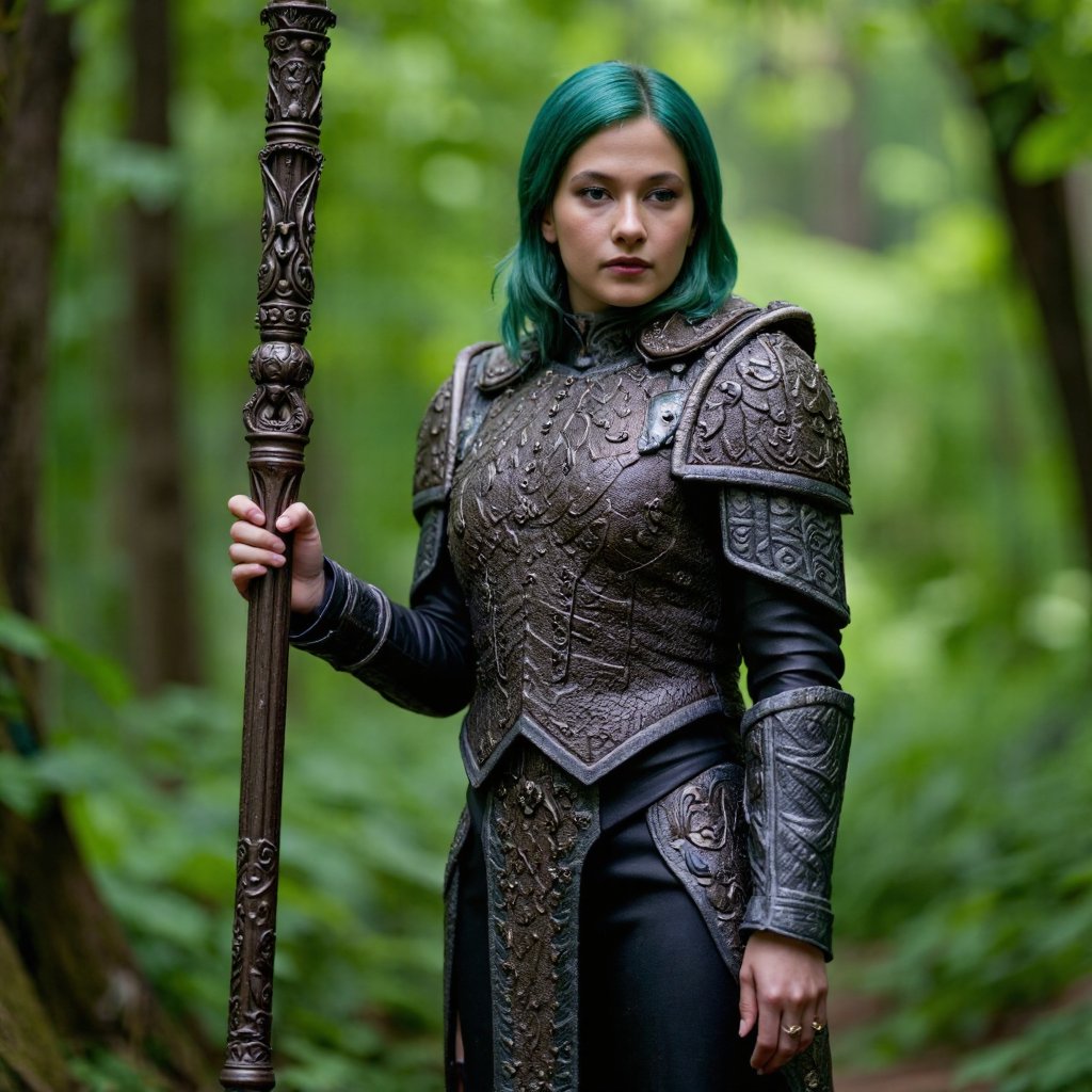 A detailed digital artwork depicts cailee_spaeny figure in a forest. She wears ornate, metallic armor with intricate patterns and textures. Her hair is a vibrant green, and she holds a tall, ornate staff with a glowing green orb. The background is a blend of green and blue hues, depicting a dense forest with trees and foliage. The artwork's style resembles fantasy or science fiction, emphasizing nature and intricate details.