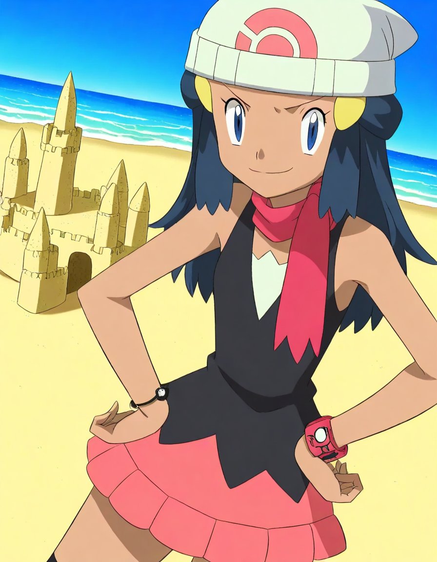 score_9, score_8_up, score_7_up, source_anime, <lora:pokemon-dawn-anime-illustrious-lora-nochekaiser:1>, pokemon dawn, black hair, blue eyes, sidelocks, long hair,, bare shoulders, beanie, black shirt, black socks, bracelet, hat, jewelry, kneehighs, miniskirt, pink skirt, red scarf, scarf, shirt, skirt, sleeveless, sleeveless shirt, white headwear,, beach, sand castle, swimsuit, summer vacation, ocean wave, hands behind head,, , looking at viewer, smug, hands on hips,, solo,, cowboy shot, dutch angle