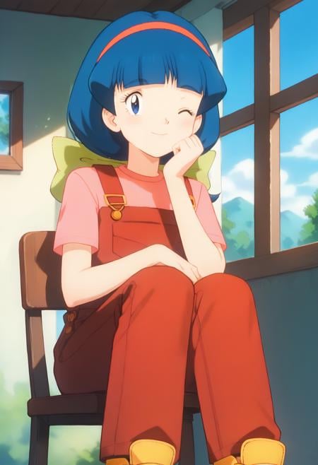 score_9, score_8_up, score_7_up, score_6_up, <lora:PMMelanie:0.9>, PMMelanie, aged up, blue eyes, blue hair, braided ponytail, blunt bangs, red hairband, green bow,short sleeves, shirt, red overalls, pink shirt, yellow footwear,looking at viewer, solo, smile, one eye closed, sitting, on chair, hand on own chin, BREAK blue sky, nature, sunlight, day, indoors, window, 