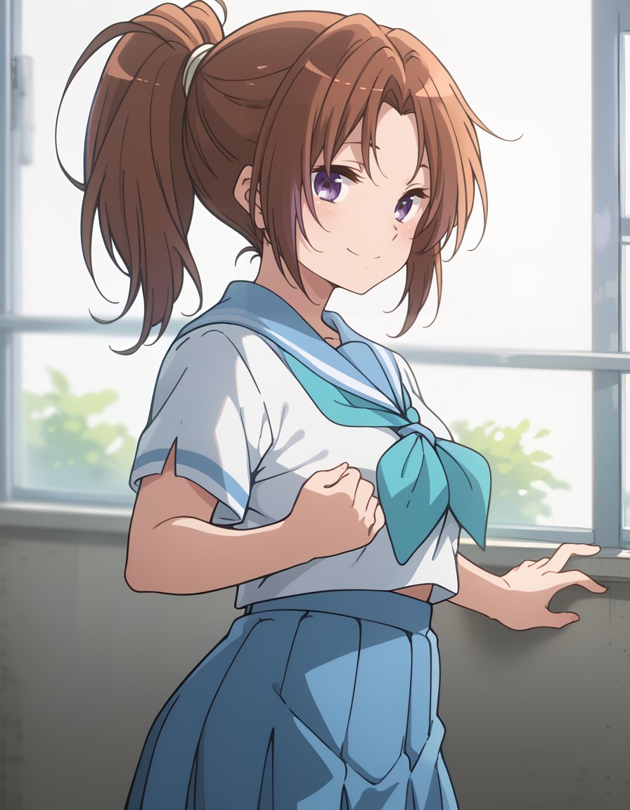 score_9, score_8_up, score_7_up, <lora:hibike!_euphonium_-_ natsuki_nakagawa:1>, nakagawa, long_hair, brown_hair, ponytail, purple_eyes, kitauji_high_school_uniform, short_sleeves, blue_sailor_collar, blue_skirt, white_shirt, blue_neckerchief, standing_pose one_hand_on_chest gentle_smile closed_eyes