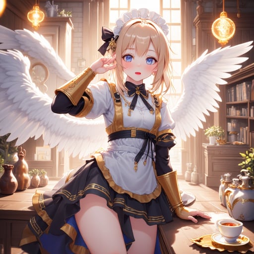 black ribbon, tassel, kitchen, maid, slit pupils, painting (medium), head wings, multiple wings, gauntlets, eyelashes, white shirt, tea, labcoat, lipstick, ribbon-trimmed sleeves, white wings, gold armor, traditional media, sidelocks