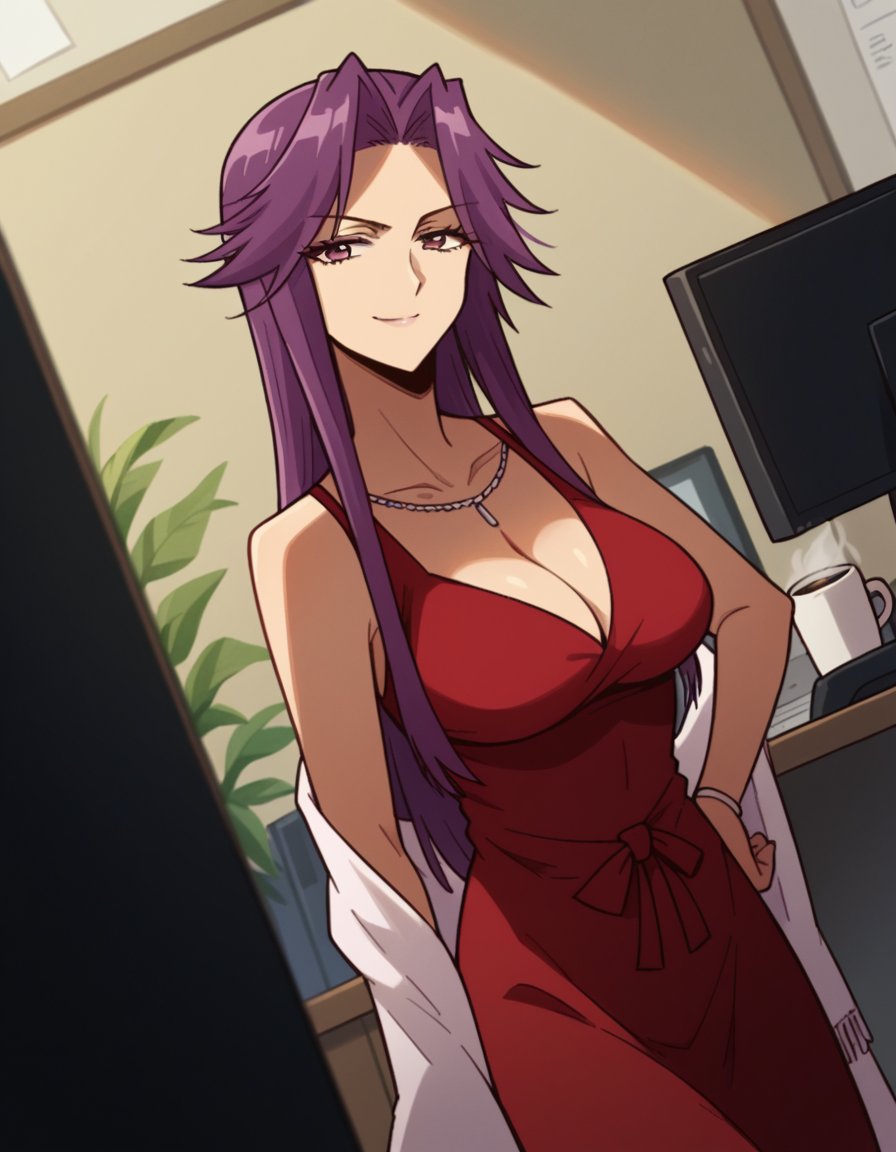 score_9, score_8_up, score_7_up, source_anime, <lora:yuriko-takagi-s1-ponyxl-lora-nochekaiser:1>, yuriko takagi, long hair, purple eyes, purple hair, parted bangs, large breasts, dress, cleavage, jewelry, necklace, high heels, red dress, shawl,, home office, working from home, computer screen, coffee cup, focus, deadline, smile, looking at viewer, smug, hand on hips,, solo,, cowboy shot, dutch angle,