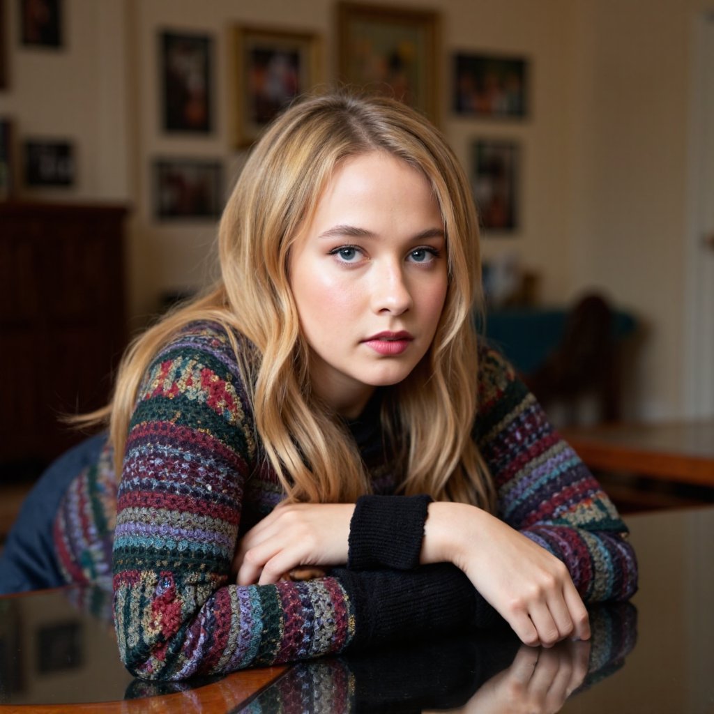 A portrait of cailee_spaeny lying on a reflective table. She wears a multicolored, patterned sweater. Her blonde hair is styled in loose waves, and she has striking blue eyes. The woman rests her head on the table, her hand resting on the edge. The background shows a room with a warm ambiance, featuring framed pictures on the wall and a wooden chair. The image conveys a contemplative and serene mood.